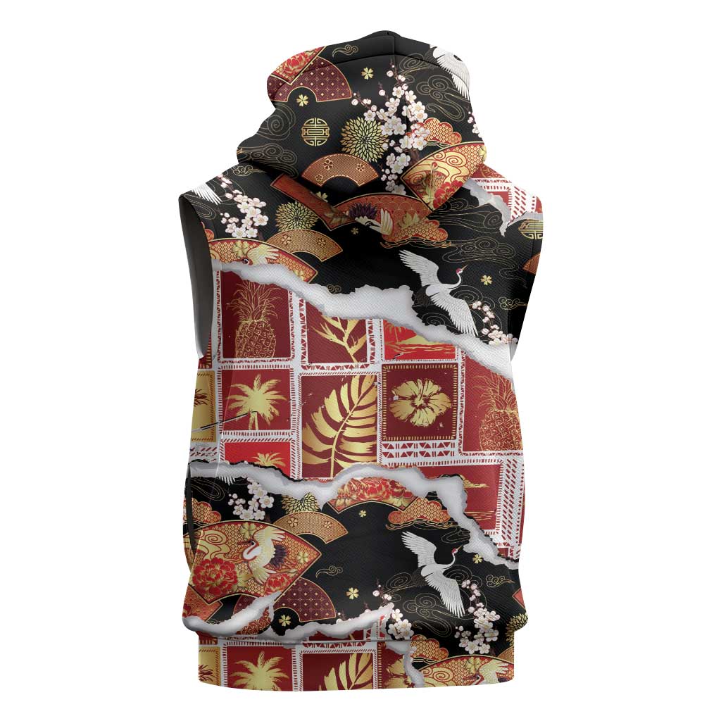 Hawaii Japanese Culture Black Sleeveless Zip Hoodie Spring Cranes Aloha Pattern LT01 - Polynesian Pride