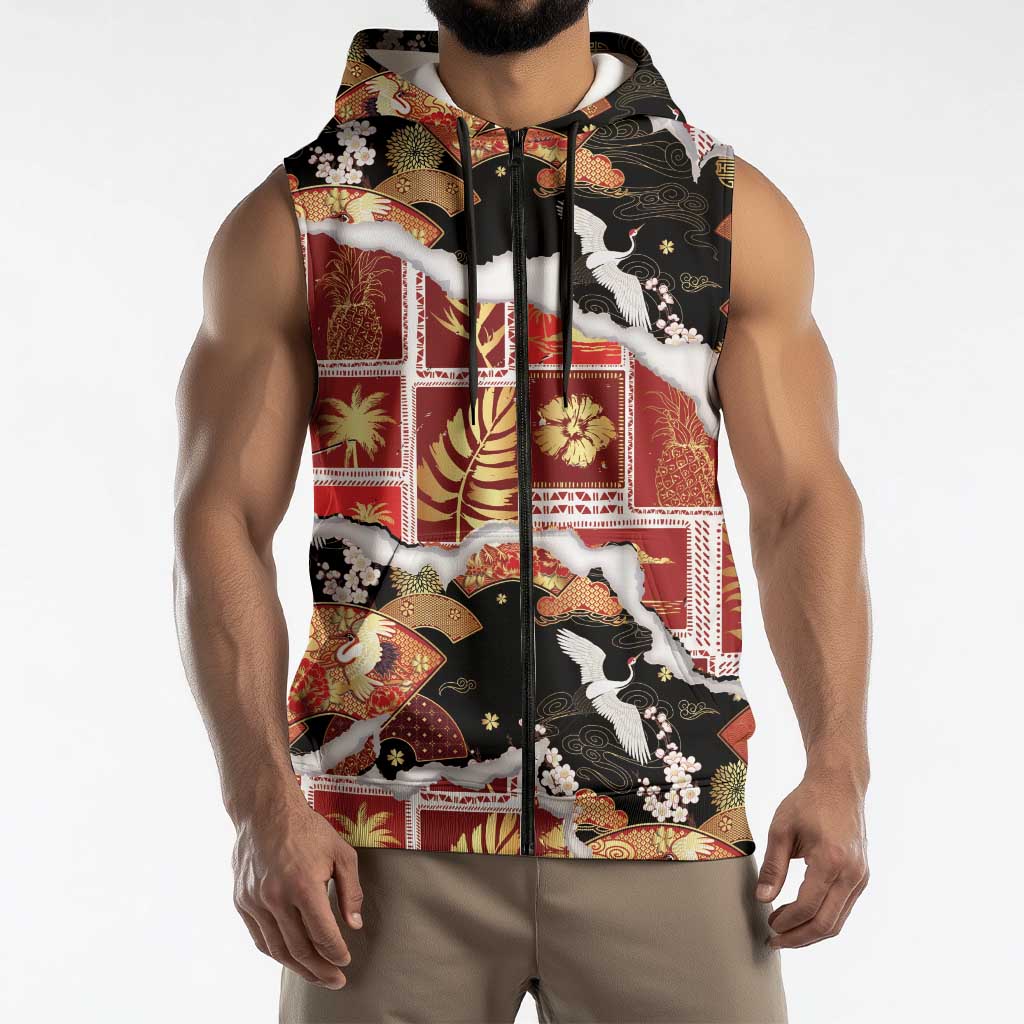 Hawaii Japanese Culture Black Sleeveless Zip Hoodie Spring Cranes Aloha Pattern LT01 - Polynesian Pride