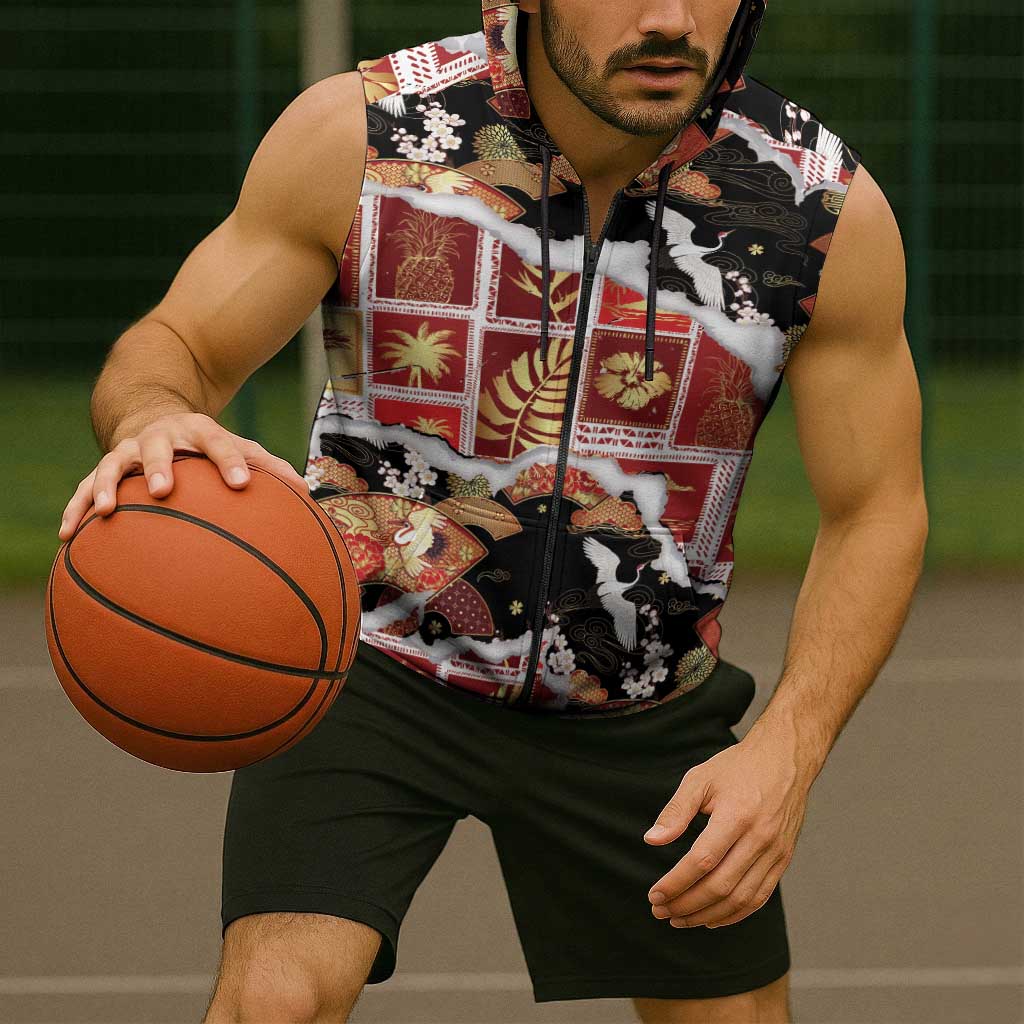 Hawaii Japanese Culture Black Sleeveless Zip Hoodie Spring Cranes Aloha Pattern LT01 - Polynesian Pride