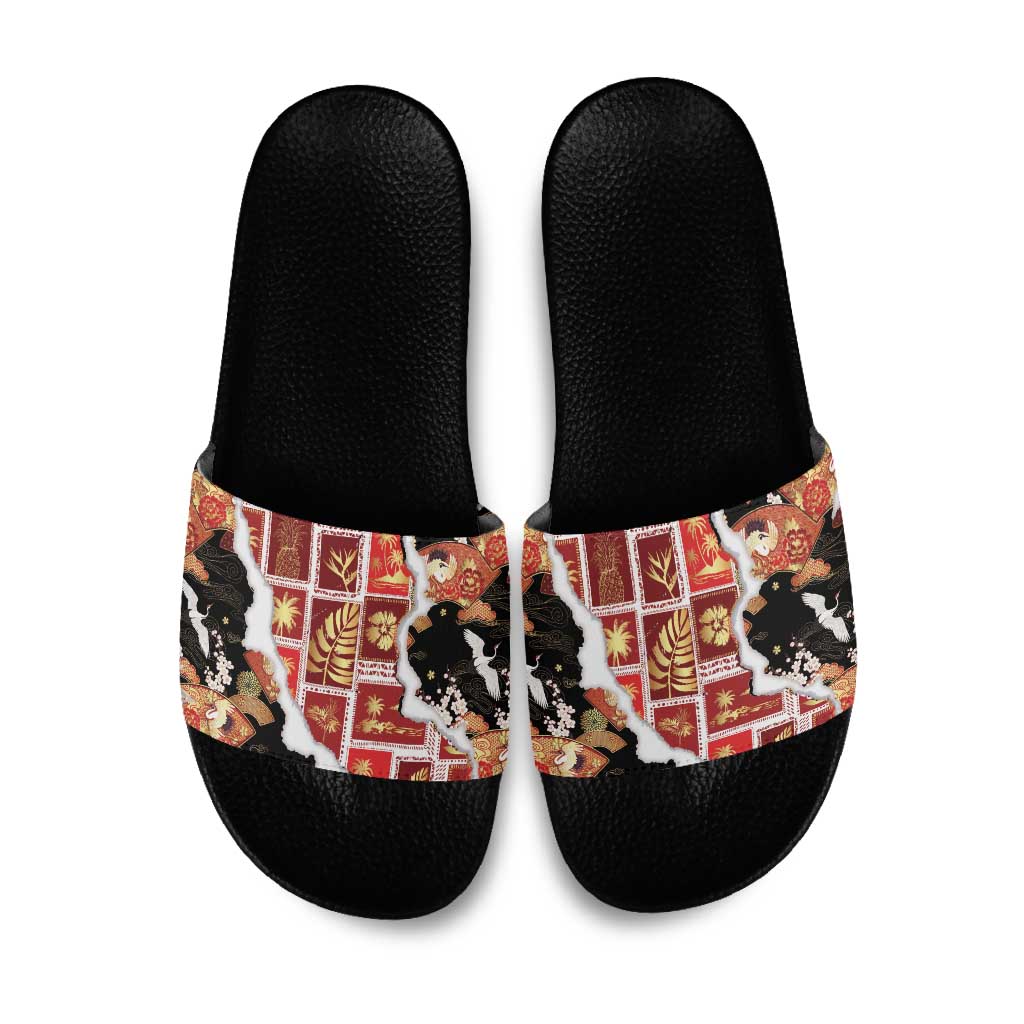 Hawaii Japanese Culture Black Slide Sandals Spring Cranes Aloha Pattern LT01 Black - Polynesian Pride
