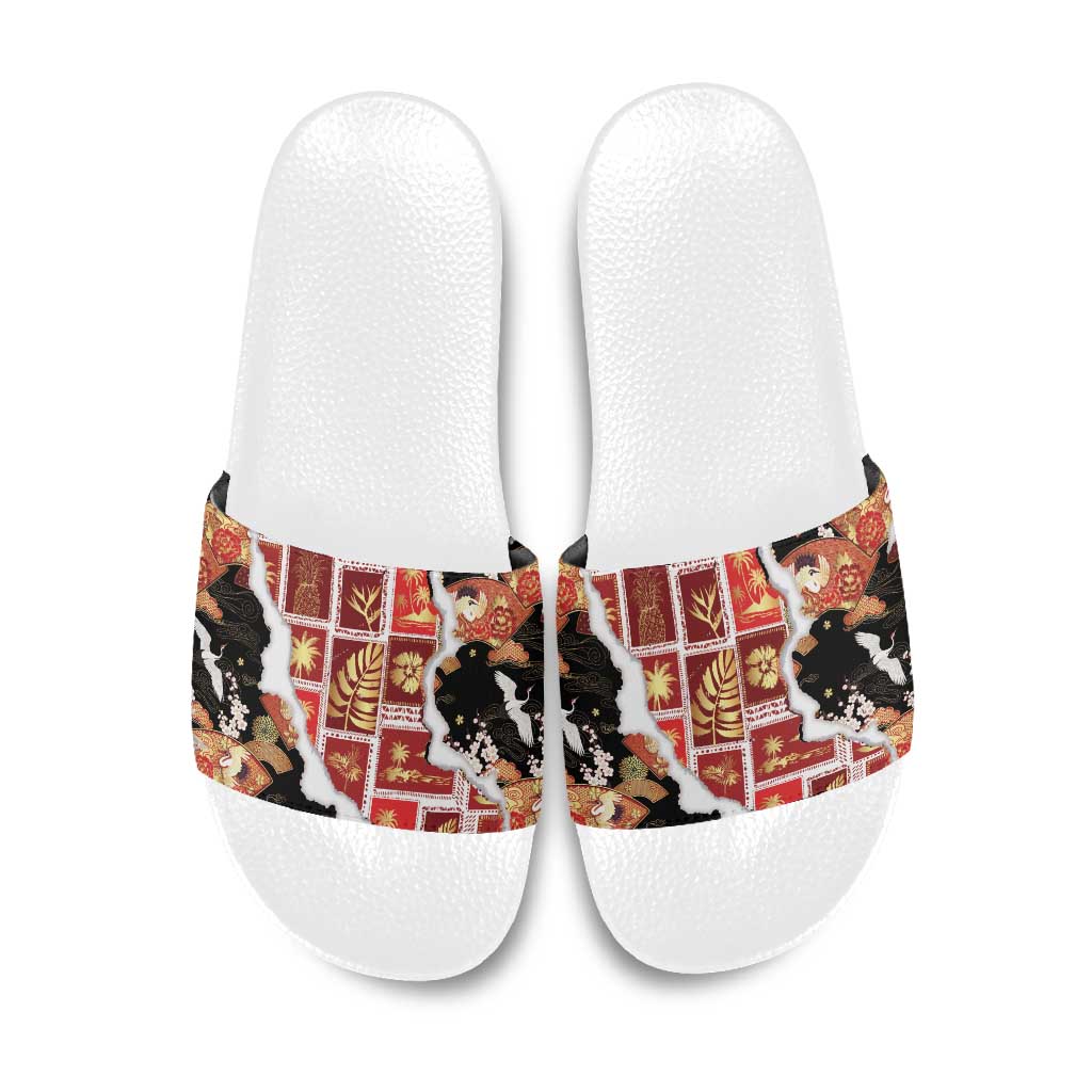 Hawaii Japanese Culture Black Slide Sandals Spring Cranes Aloha Pattern LT01 Black - Polynesian Pride