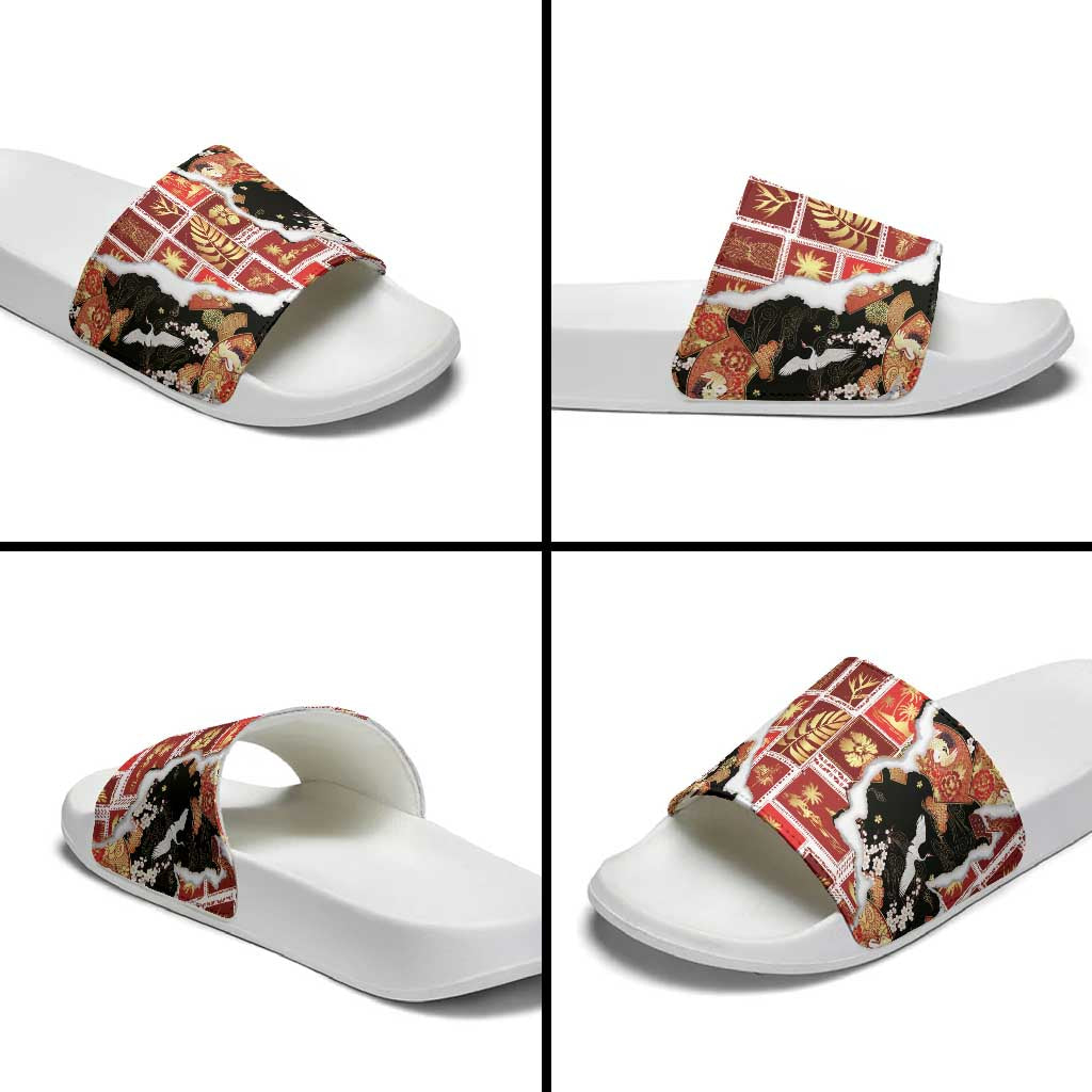 Hawaii Japanese Culture Black Slide Sandals Spring Cranes Aloha Pattern LT01 - Polynesian Pride