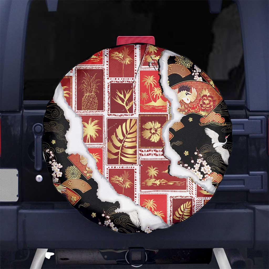Hawaii Japanese Culture Black Spare Tire Cover Spring Cranes Aloha Pattern LT01 No hole Black - Polynesian Pride