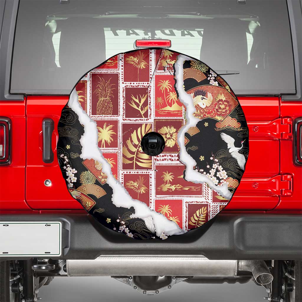 Hawaii Japanese Culture Black Spare Tire Cover Spring Cranes Aloha Pattern LT01 - Polynesian Pride