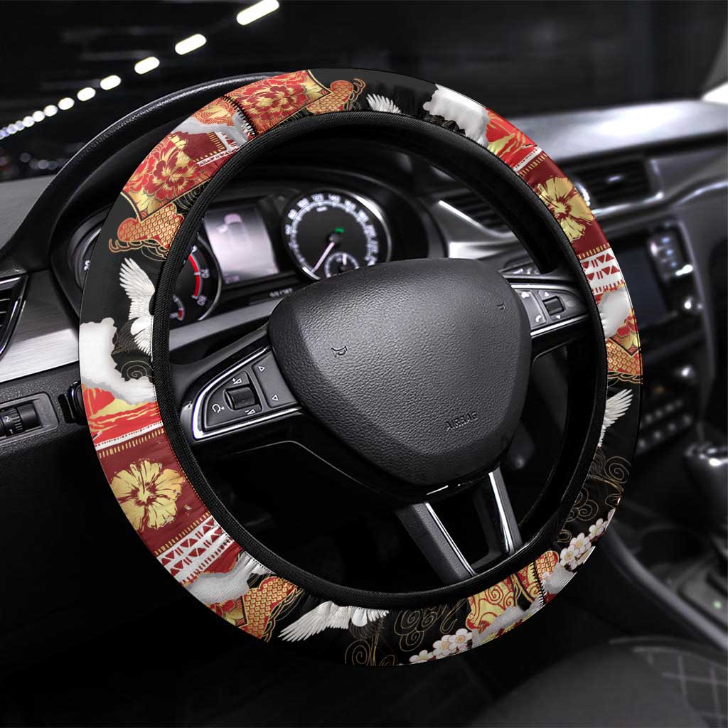 Hawaii Japanese Culture Black Steering Wheel Cover Spring Cranes Aloha Pattern LT01 Universal Fit Black - Polynesian Pride