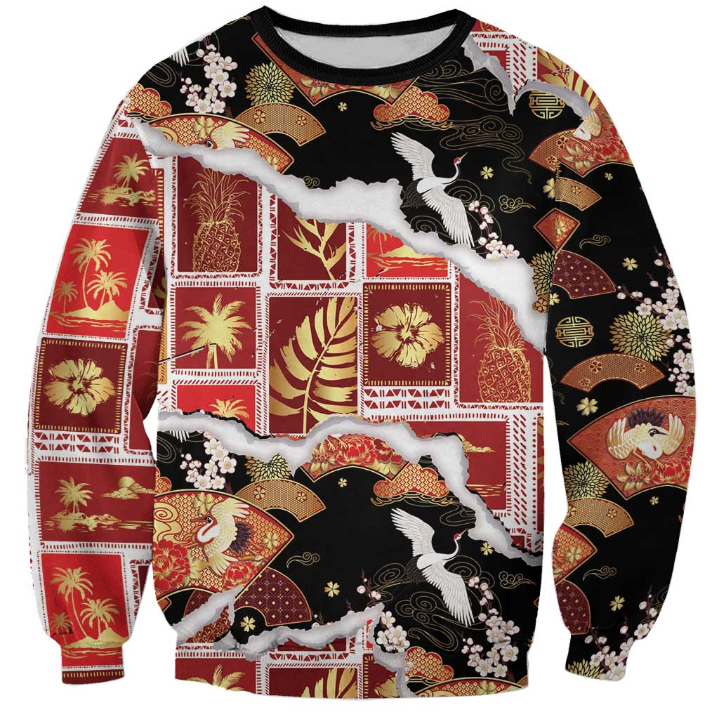 Hawaii Japanese Culture Black Sweatshirt Spring Cranes Aloha Pattern LT01 Unisex Black - Polynesian Pride