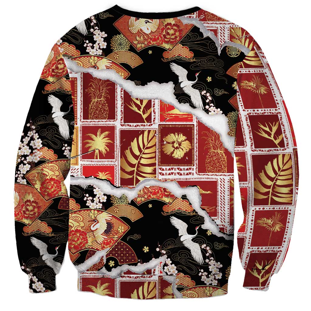 Hawaii Japanese Culture Black Sweatshirt Spring Cranes Aloha Pattern LT01 - Polynesian Pride