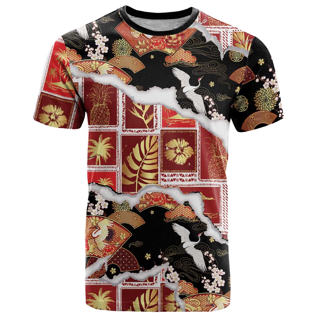 Hawaii Japanese Culture Black T Shirt Spring Cranes Aloha Pattern LT01 Black - Polynesian Pride
