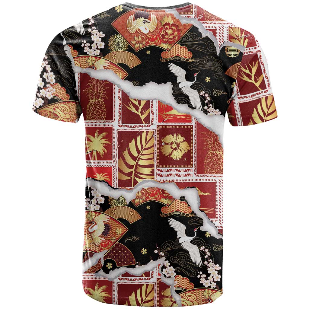 Hawaii Japanese Culture Black T Shirt Spring Cranes Aloha Pattern LT01 - Polynesian Pride