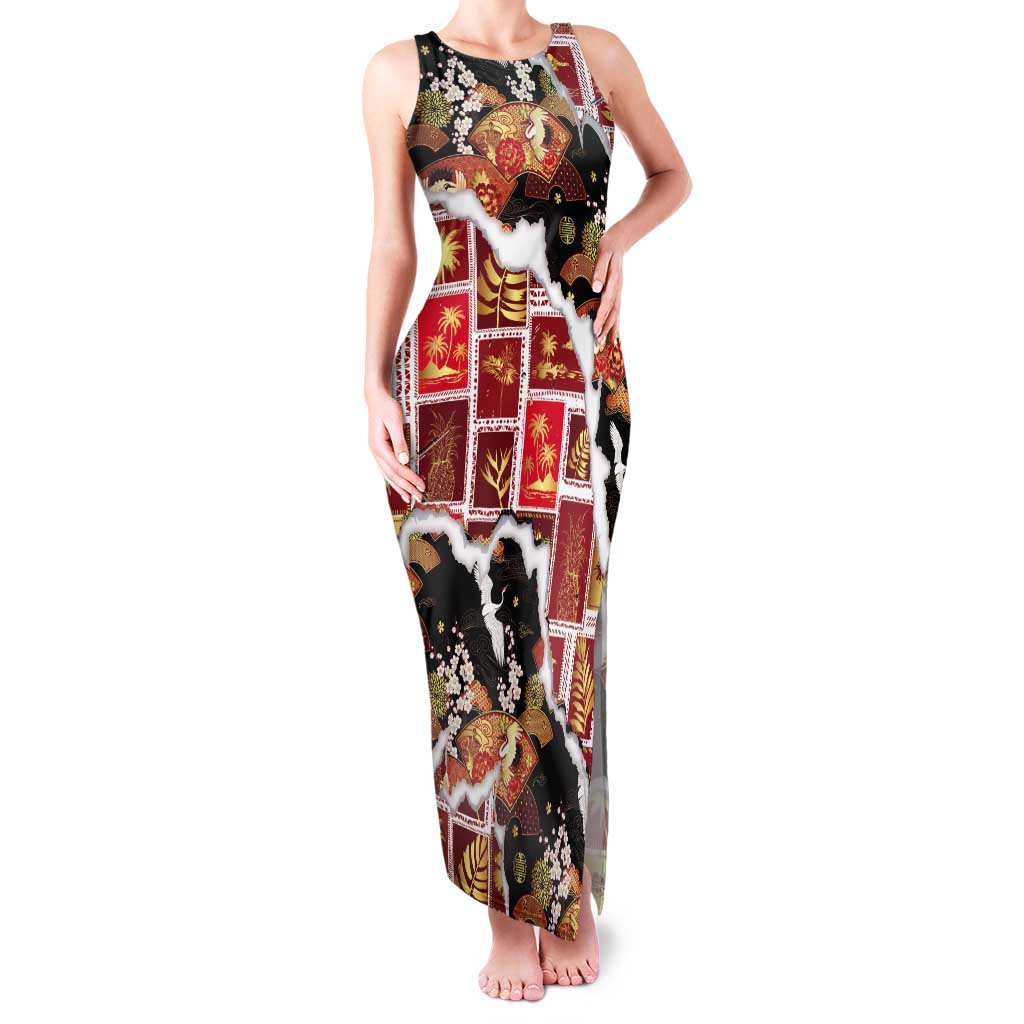 Hawaii Japanese Culture Black Tank Maxi Dress Spring Cranes Aloha Pattern LT01 Women Black - Polynesian Pride