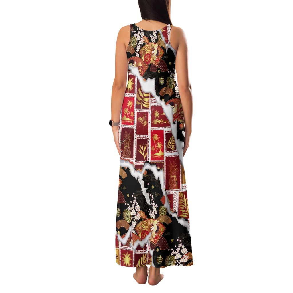 Hawaii Japanese Culture Black Tank Maxi Dress Spring Cranes Aloha Pattern LT01 - Polynesian Pride