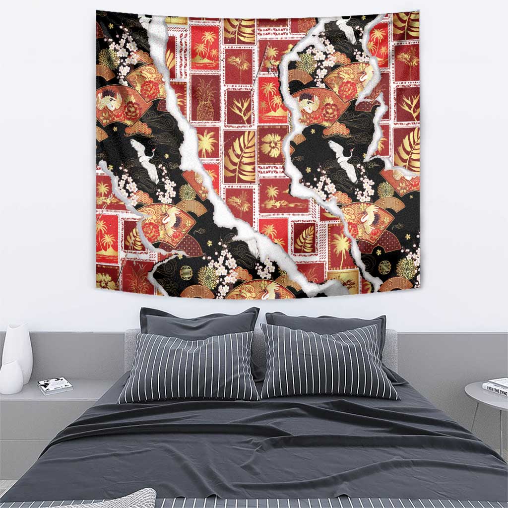 Hawaii Japanese Culture Black Tapestry Spring Cranes Aloha Pattern LT01 - Polynesian Pride