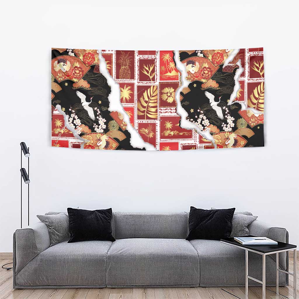 Hawaii Japanese Culture Black Tapestry Spring Cranes Aloha Pattern LT01 - Polynesian Pride