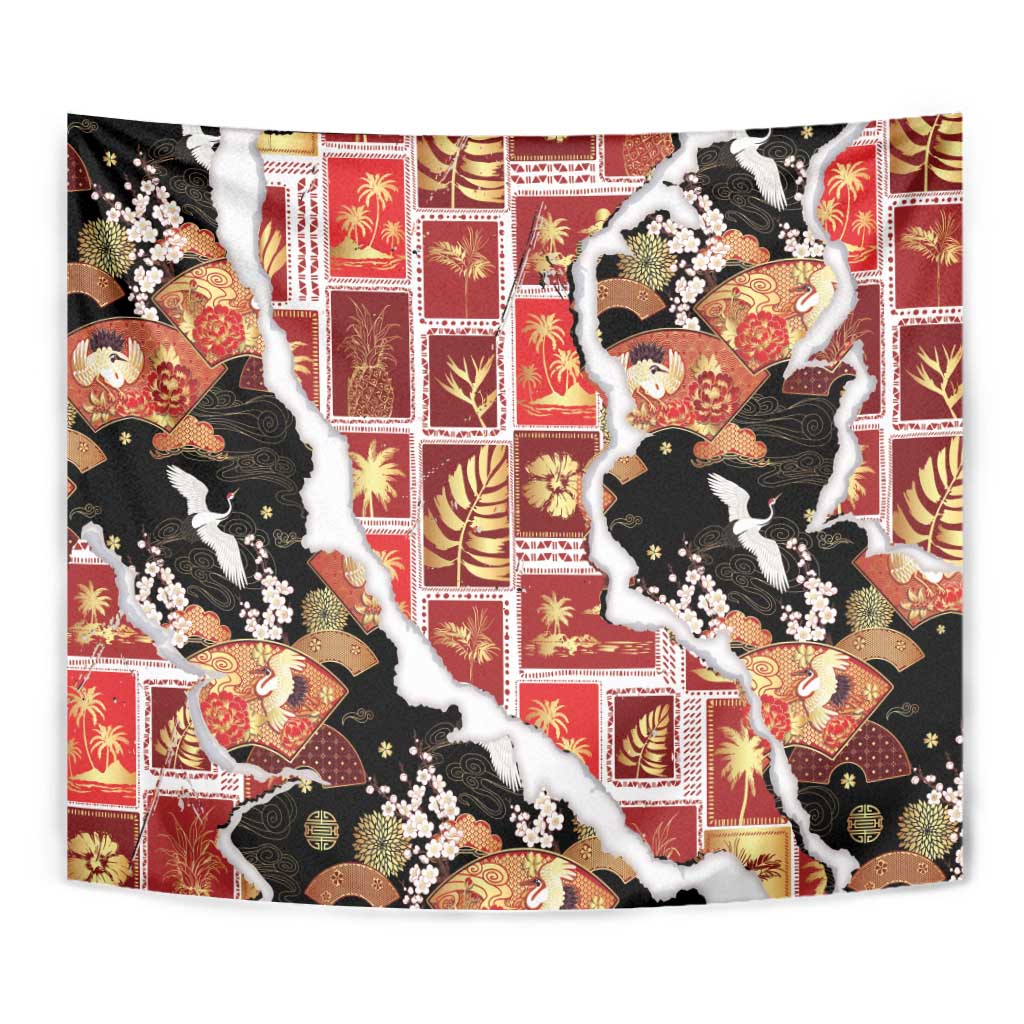 Hawaii Japanese Culture Black Tapestry Spring Cranes Aloha Pattern LT01 - Polynesian Pride