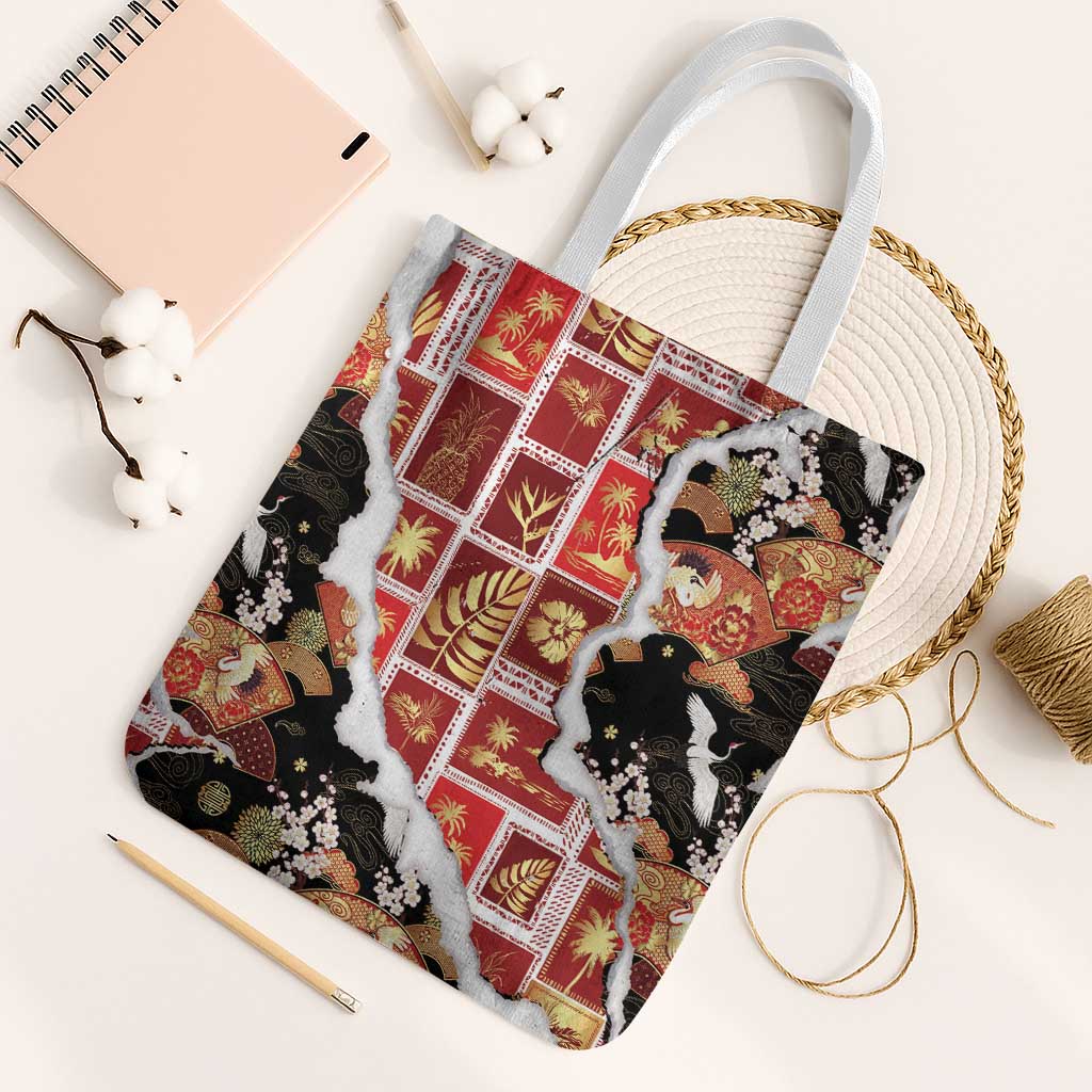 Hawaii Japanese Culture Black Tote Bag Spring Cranes Aloha Pattern LT01 White Strap One Size Black - Polynesian Pride