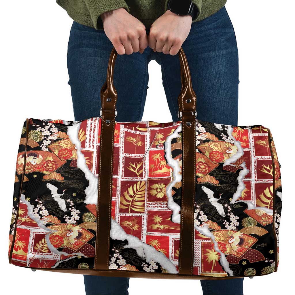 Hawaii Japanese Culture Black Travel Bag Spring Cranes Aloha Pattern LT01 Black - Polynesian Pride