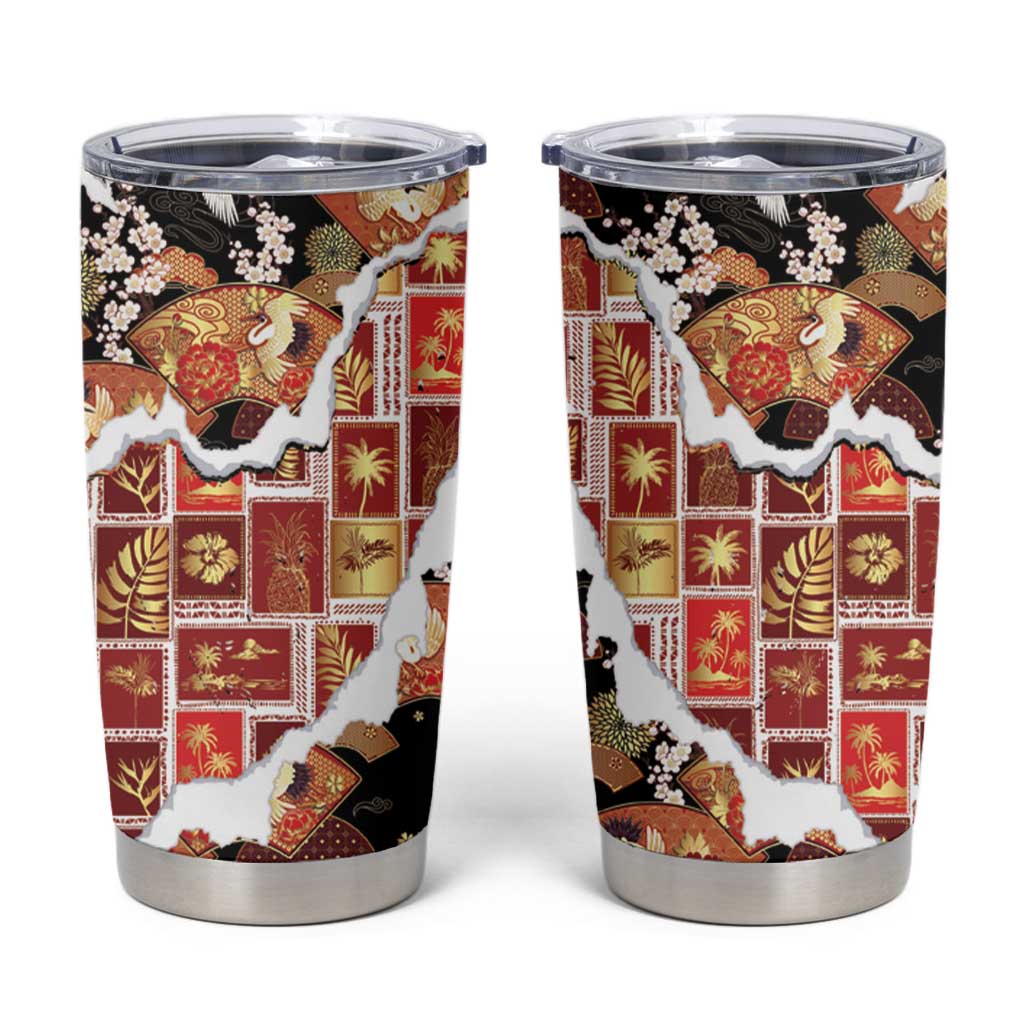 Hawaii Japanese Culture Black Tumbler Cup Spring Cranes Aloha Pattern LT01 Black - Polynesian Pride
