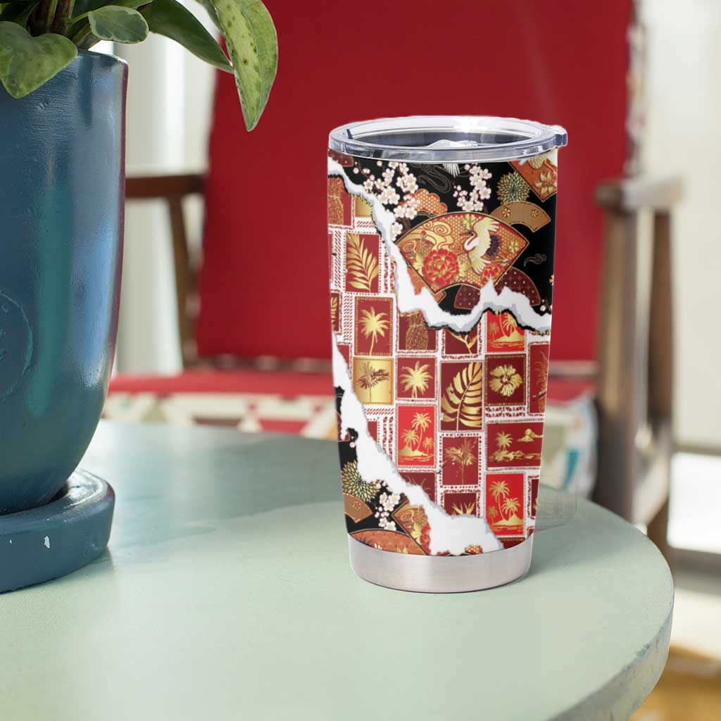 Hawaii Japanese Culture Black Tumbler Cup Spring Cranes Aloha Pattern LT01 - Polynesian Pride