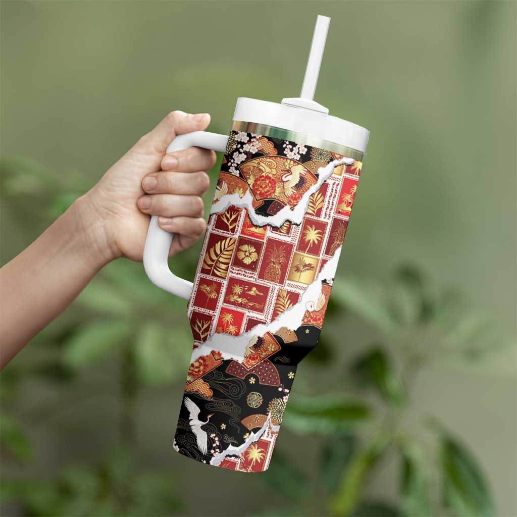 Hawaii Japanese Culture Black Tumbler With Handle Spring Cranes Aloha Pattern LT01 - Polynesian Pride