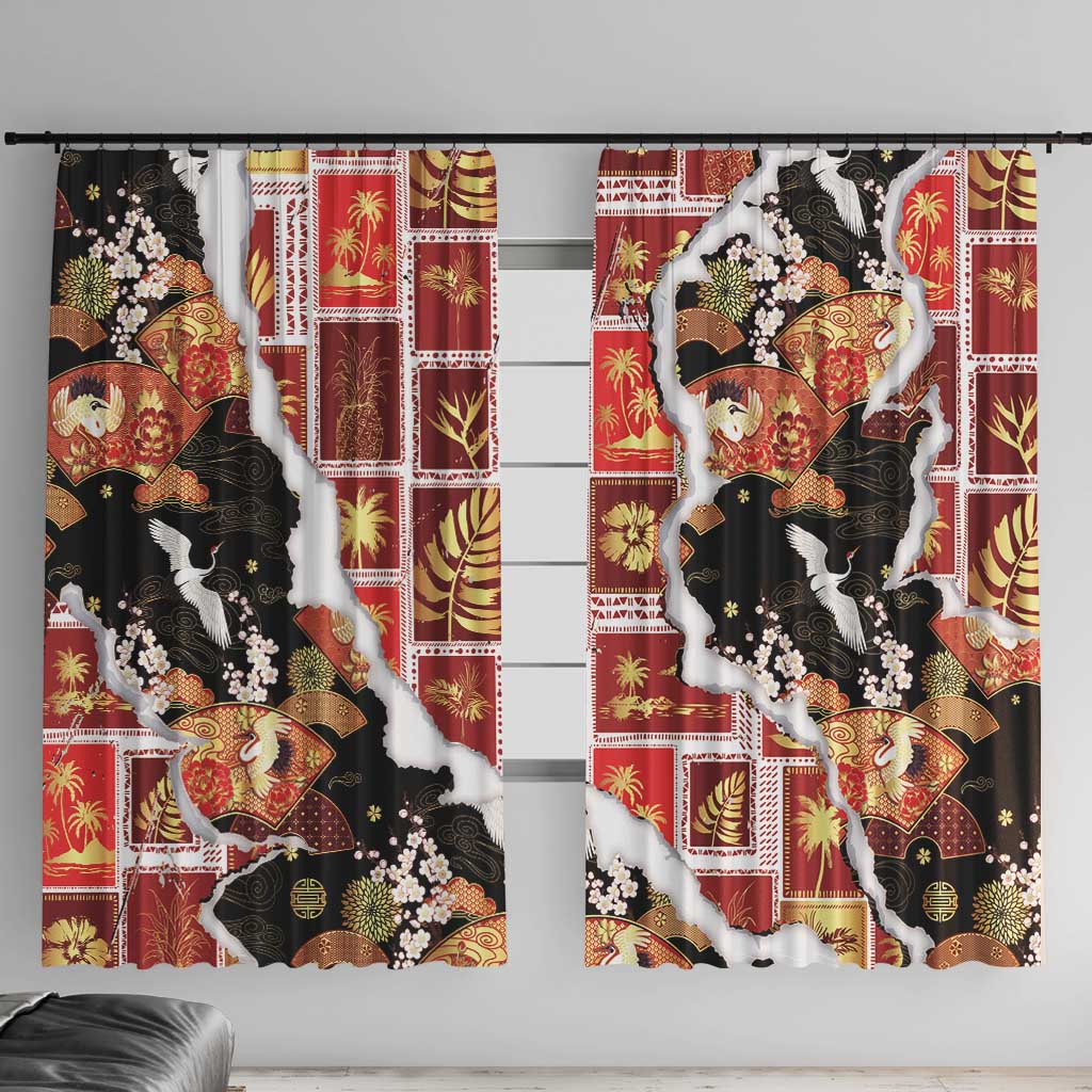 Hawaii Japanese Culture Black Window Curtain Spring Cranes Aloha Pattern LT01 With Hooks Black - Polynesian Pride