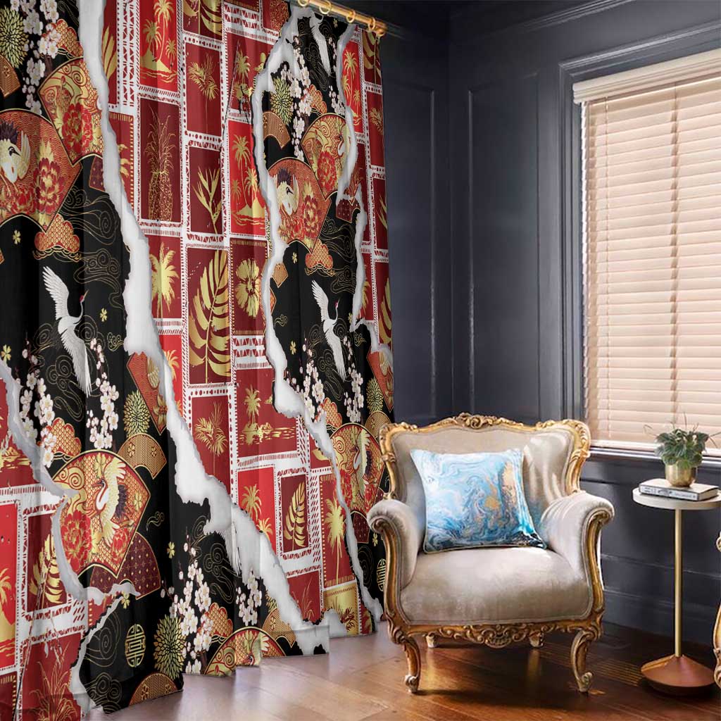 Hawaii Japanese Culture Black Window Curtain Spring Cranes Aloha Pattern LT01 - Polynesian Pride