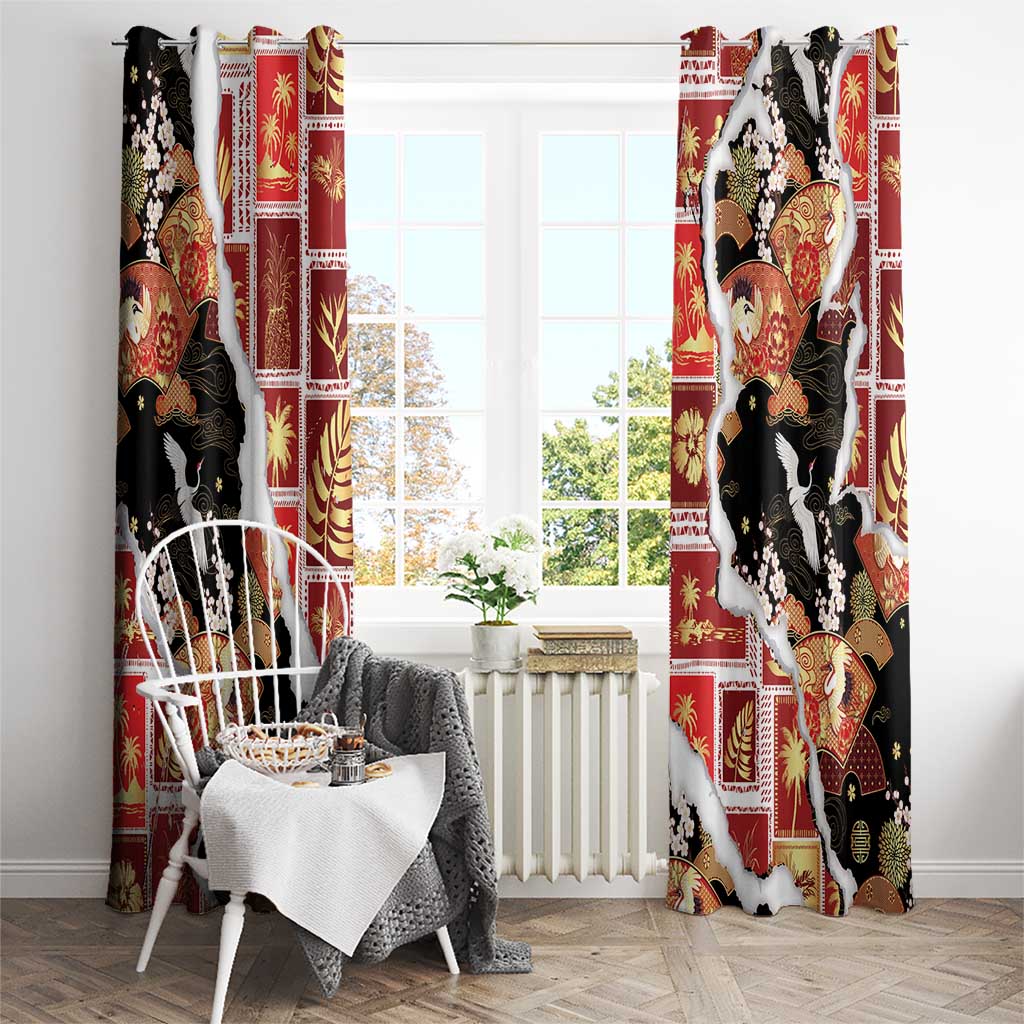 Hawaii Japanese Culture Black Window Curtain Spring Cranes Aloha Pattern LT01 - Polynesian Pride