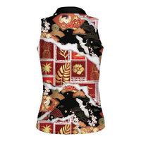Hawaii Japanese Culture Black Women Sleeveless Polo Shirt Spring Cranes Aloha Pattern LT01 - Polynesian Pride