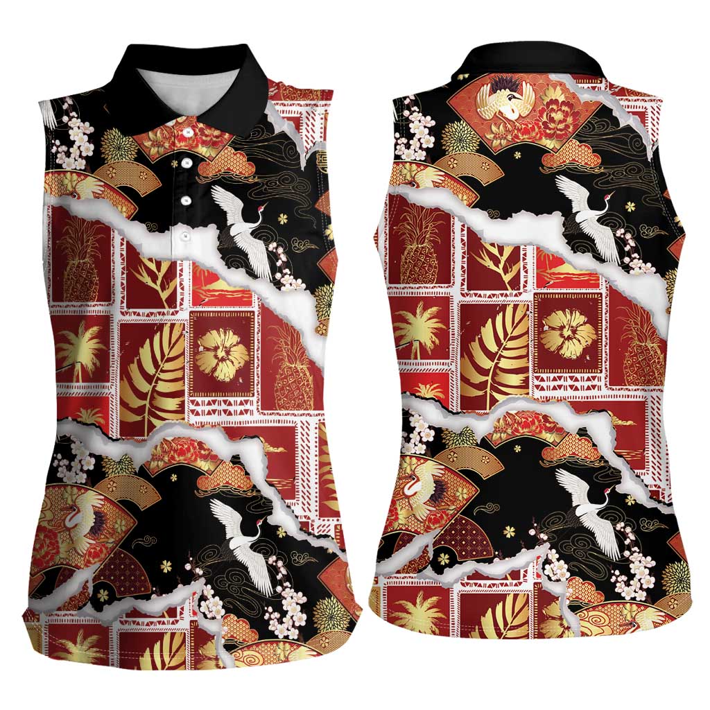 Hawaii Japanese Culture Black Women Sleeveless Polo Shirt Spring Cranes Aloha Pattern LT01 - Polynesian Pride