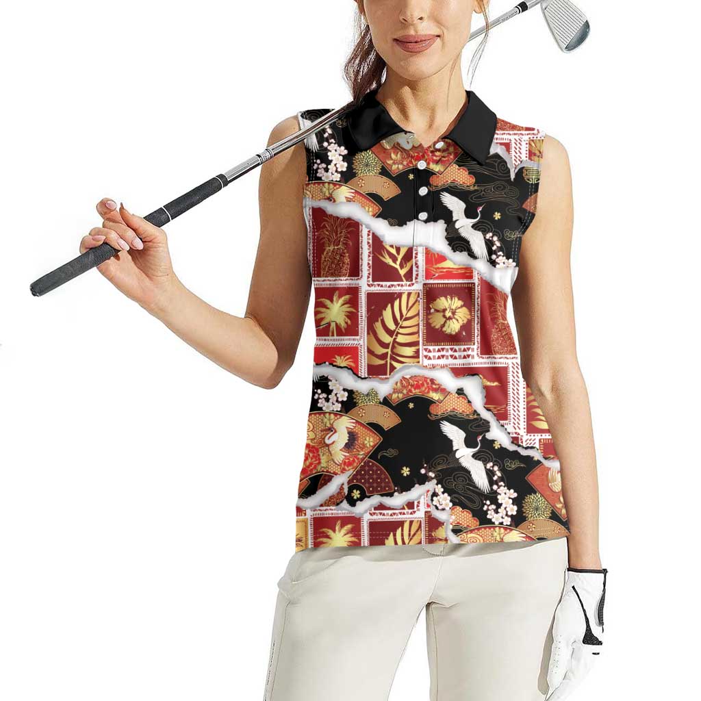 Hawaii Japanese Culture Black Women Sleeveless Polo Shirt Spring Cranes Aloha Pattern LT01 - Polynesian Pride
