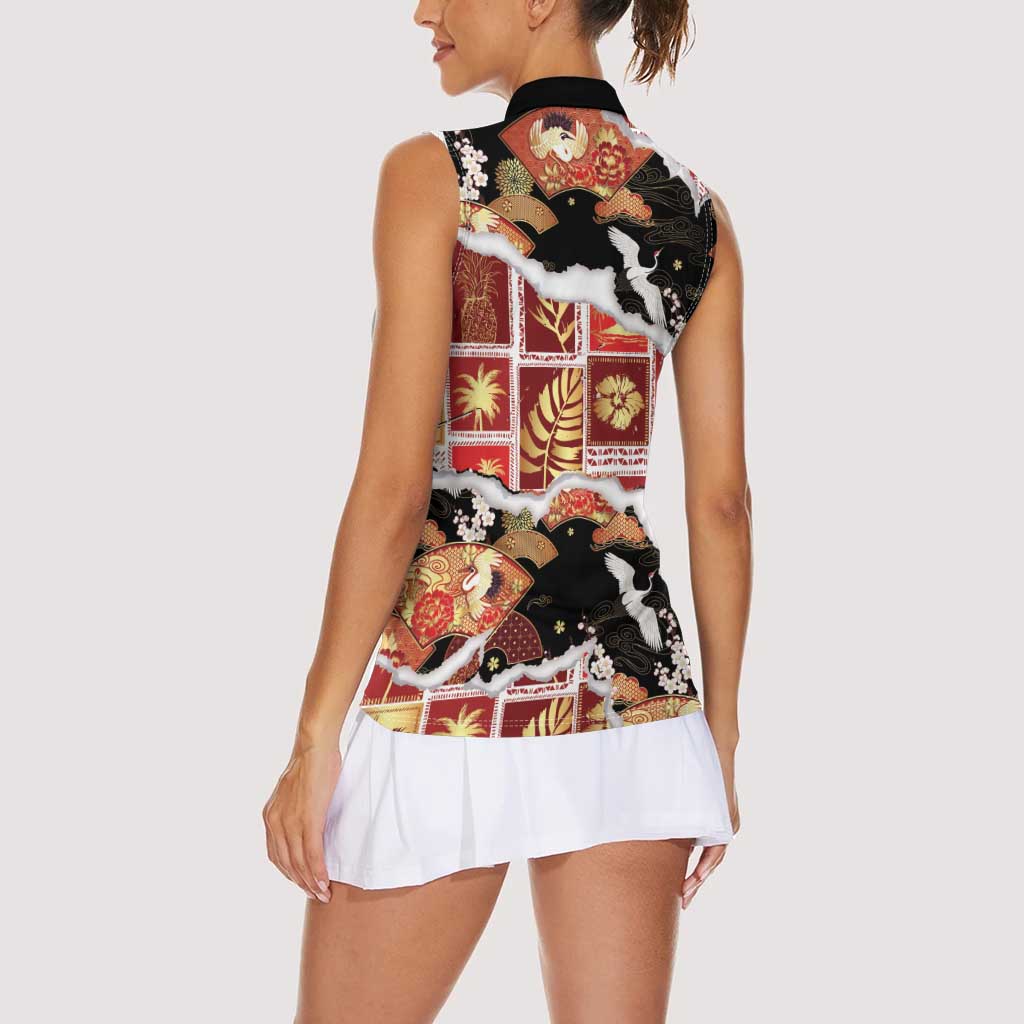 Hawaii Japanese Culture Black Women Sleeveless Polo Shirt Spring Cranes Aloha Pattern LT01 - Polynesian Pride