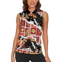 Hawaii Japanese Culture Black Women Sleeveless Polo Shirt Spring Cranes Aloha Pattern LT01 - Polynesian Pride