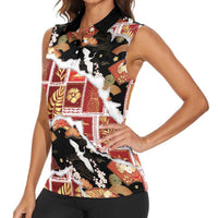 Hawaii Japanese Culture Black Women Sleeveless Polo Shirt Spring Cranes Aloha Pattern LT01 - Polynesian Pride