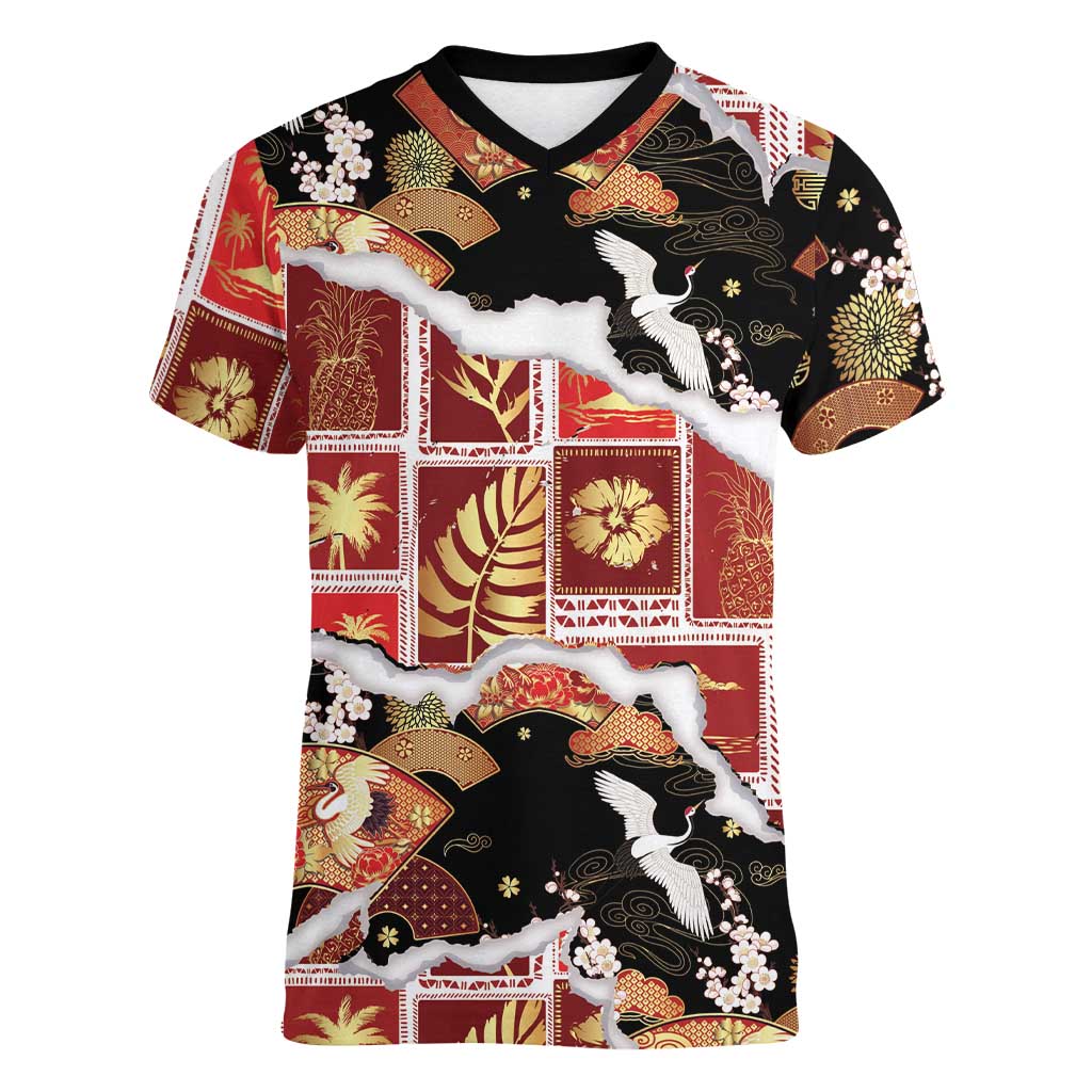 Hawaii Japanese Culture Black Women V-Neck T-Shirt Spring Cranes Aloha Pattern