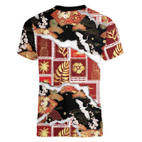 Hawaii Japanese Culture Black Women V-Neck T-Shirt Spring Cranes Aloha Pattern