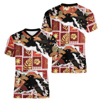 Hawaii Japanese Culture Black Women V-Neck T-Shirt Spring Cranes Aloha Pattern