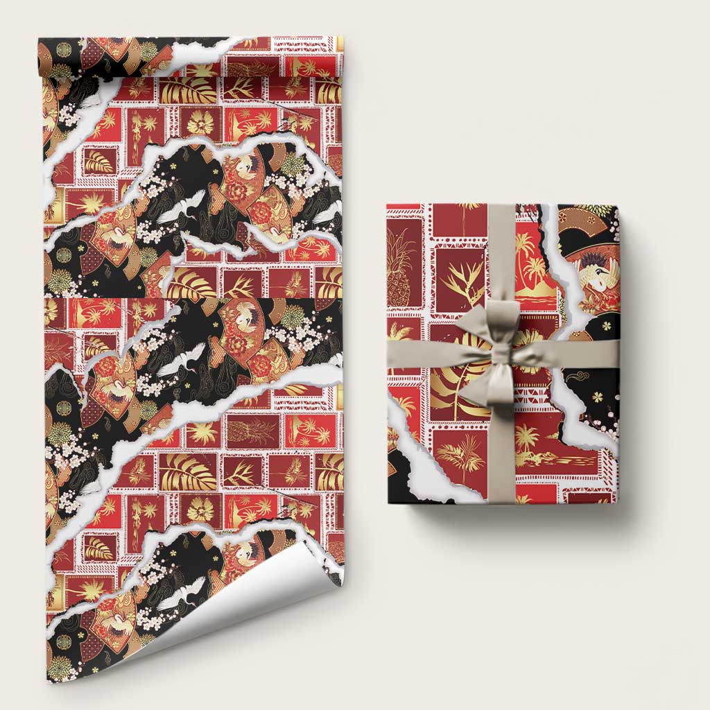 Hawaii Japanese Culture Black Wrapping Paper Spring Cranes Aloha Pattern LT01 58" × 23" Black - Polynesian Pride