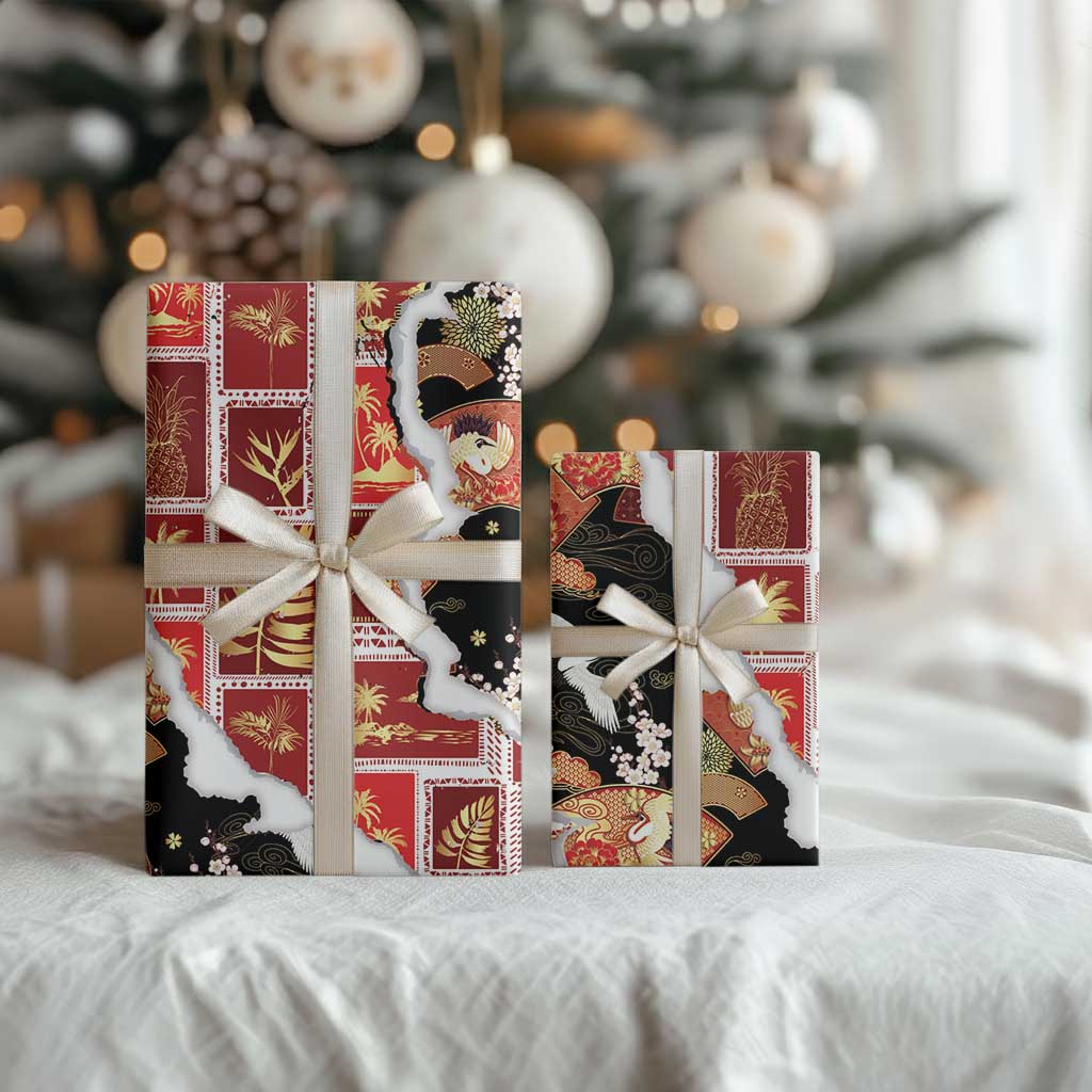 Hawaii Japanese Culture Black Wrapping Paper Spring Cranes Aloha Pattern LT01 - Polynesian Pride