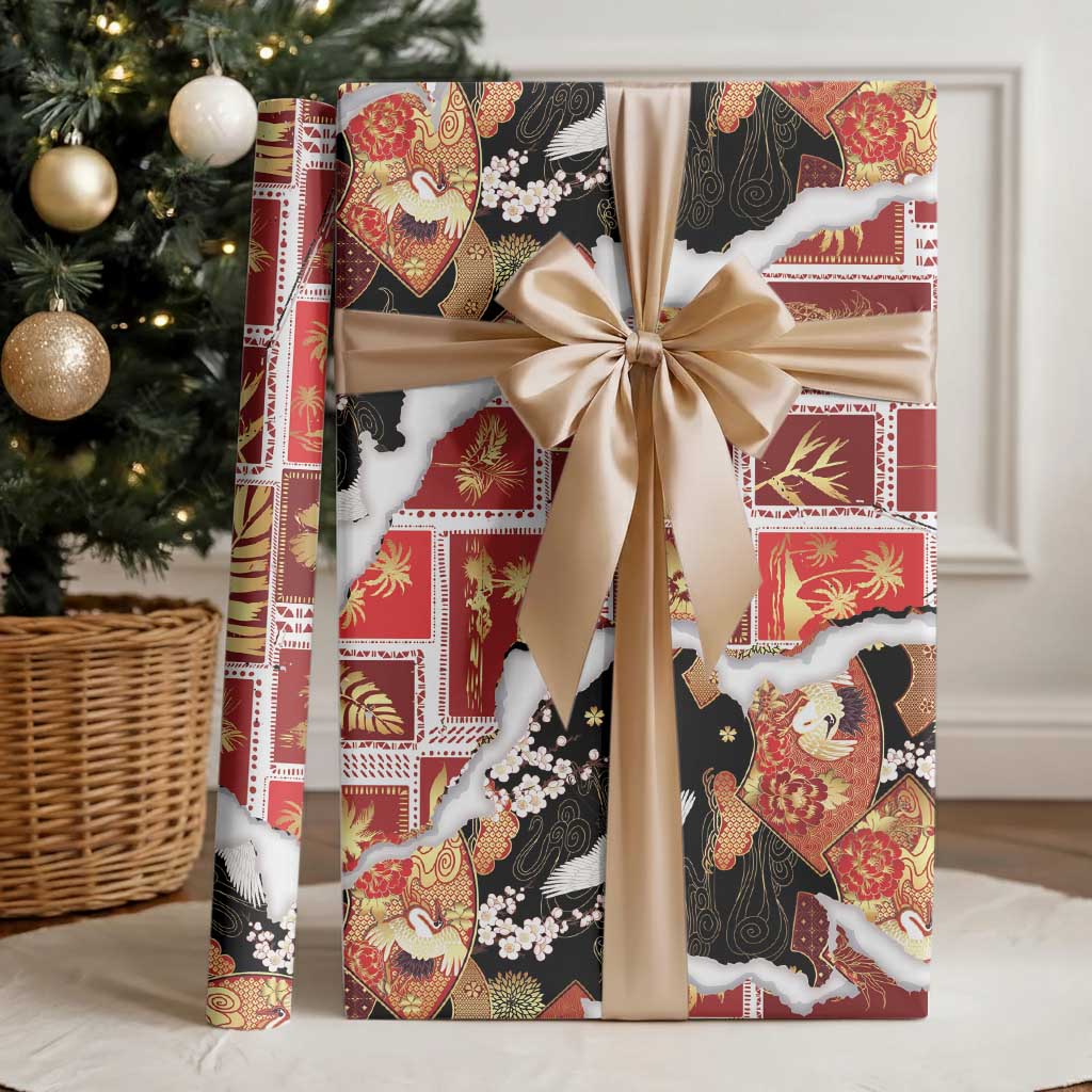 Hawaii Japanese Culture Black Wrapping Paper Spring Cranes Aloha Pattern LT01 - Polynesian Pride