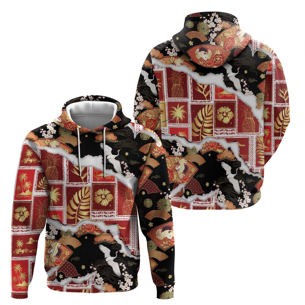 Hawaii Japanese Culture Black Zip Hoodie Spring Cranes Aloha Pattern LT01 - Polynesian Pride