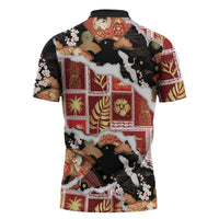 Hawaii Japanese Culture Black Zipper Polo Shirt Spring Cranes Aloha Pattern LT01 - Polynesian Pride