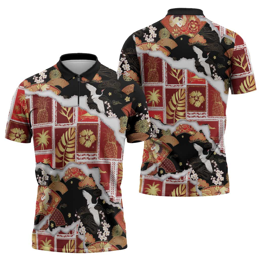Hawaii Japanese Culture Black Zipper Polo Shirt Spring Cranes Aloha Pattern LT01 - Polynesian Pride