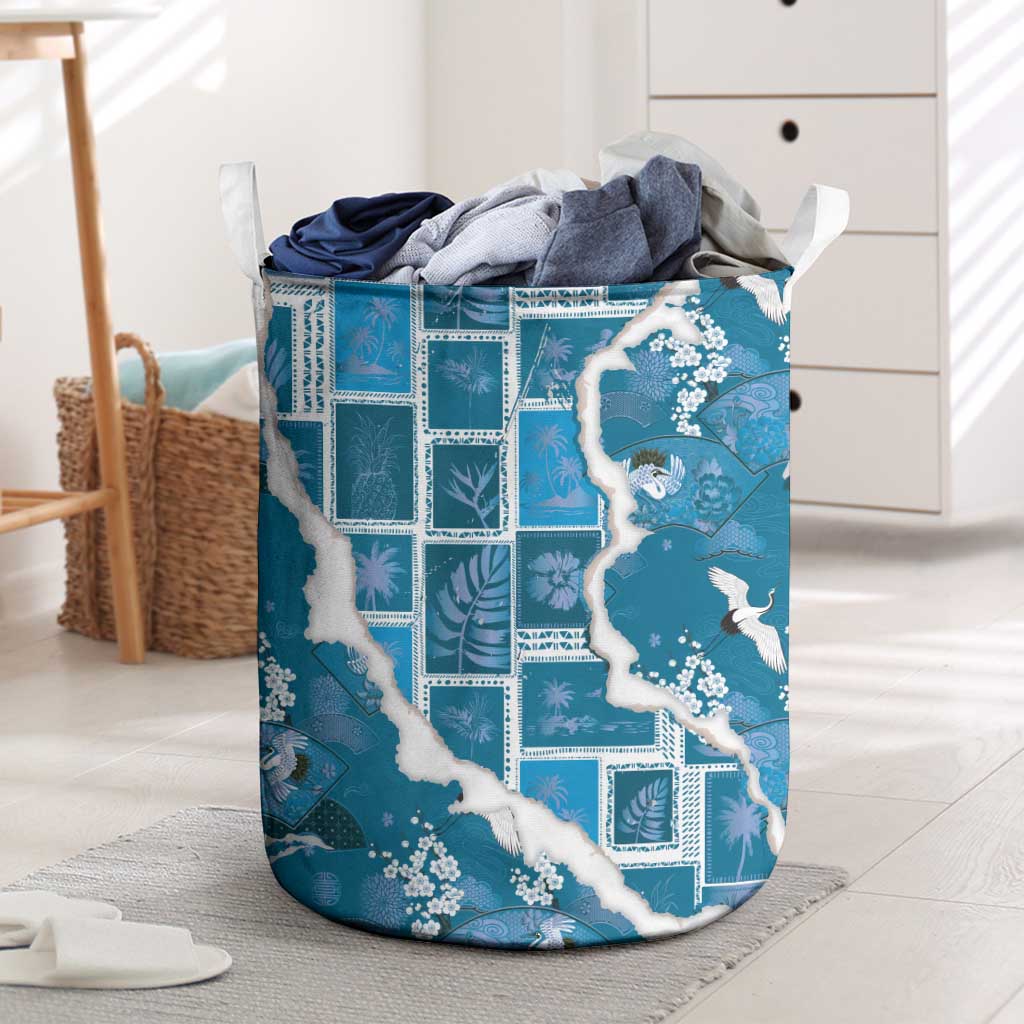 Hawaii Japanese Culture Blue Laundry Basket Spring Cranes Aloha Pattern LT01 Blue - Polynesian Pride