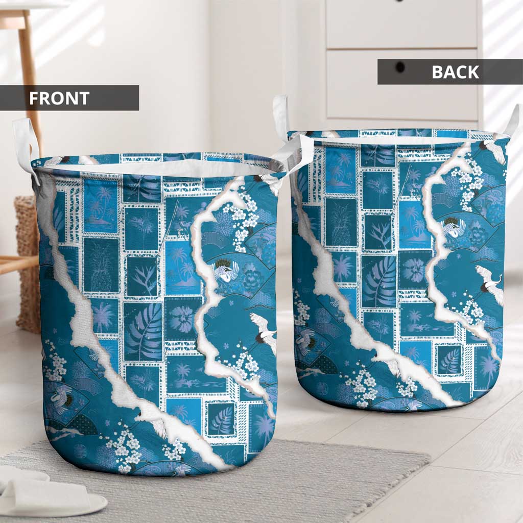 Hawaii Japanese Culture Blue Laundry Basket Spring Cranes Aloha Pattern LT01 - Polynesian Pride