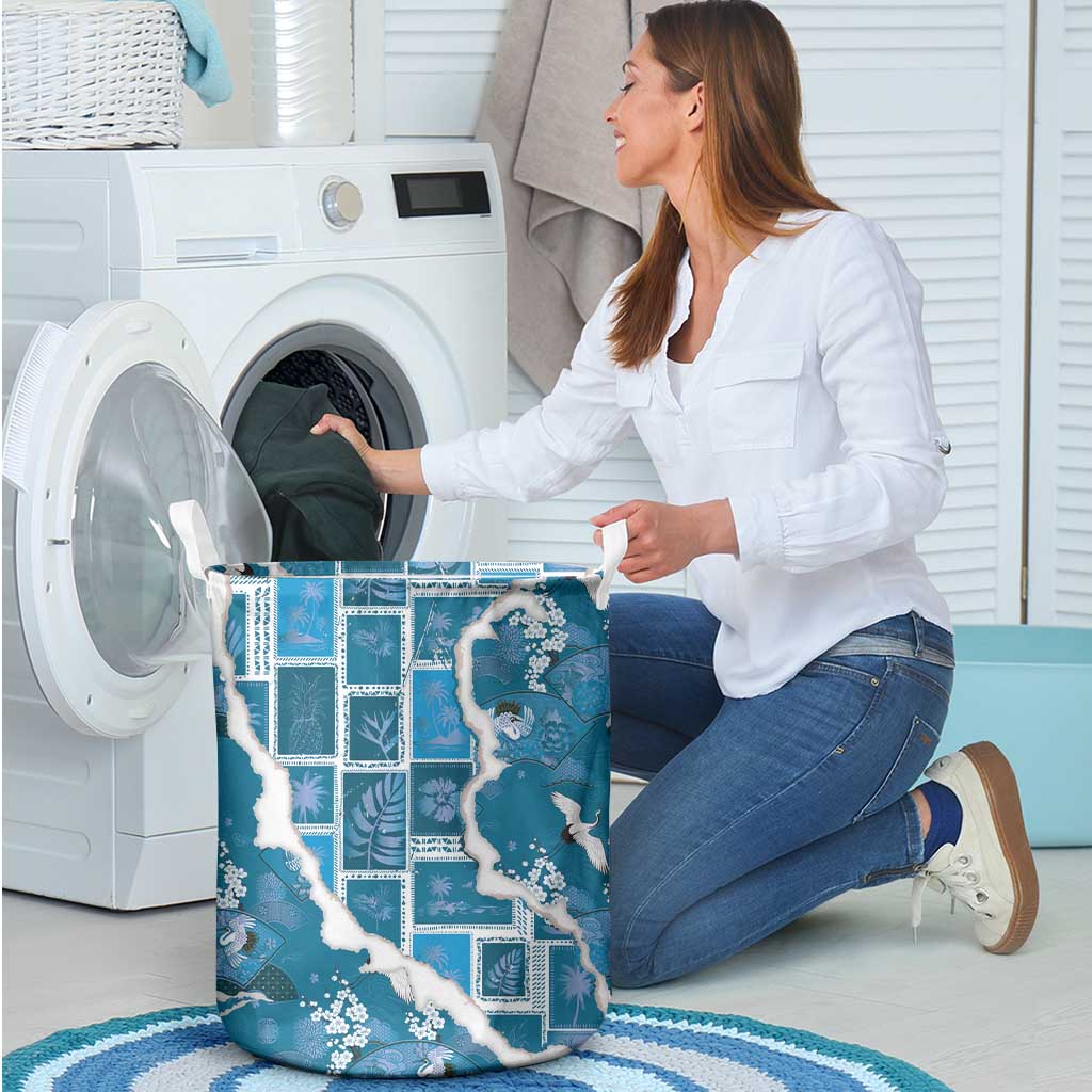 Hawaii Japanese Culture Blue Laundry Basket Spring Cranes Aloha Pattern LT01 - Polynesian Pride