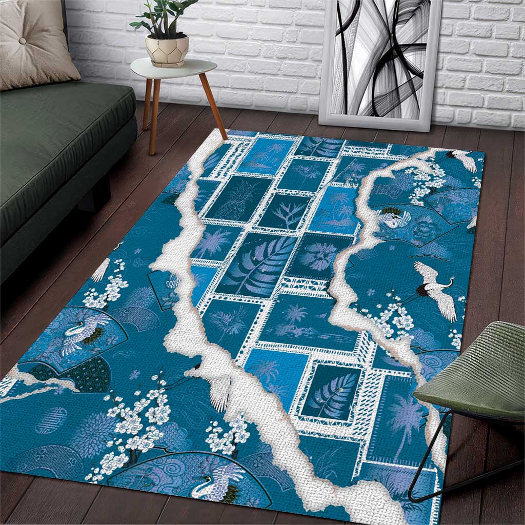 Hawaii Japanese Culture Blue Area Rug Spring Cranes Aloha Pattern