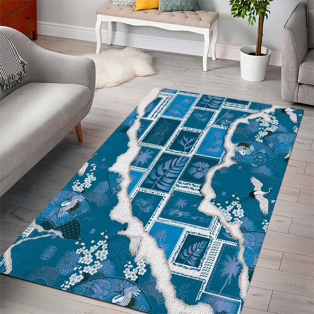 Hawaii Japanese Culture Blue Area Rug Spring Cranes Aloha Pattern