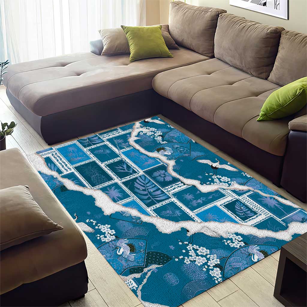 Hawaii Japanese Culture Blue Area Rug Spring Cranes Aloha Pattern