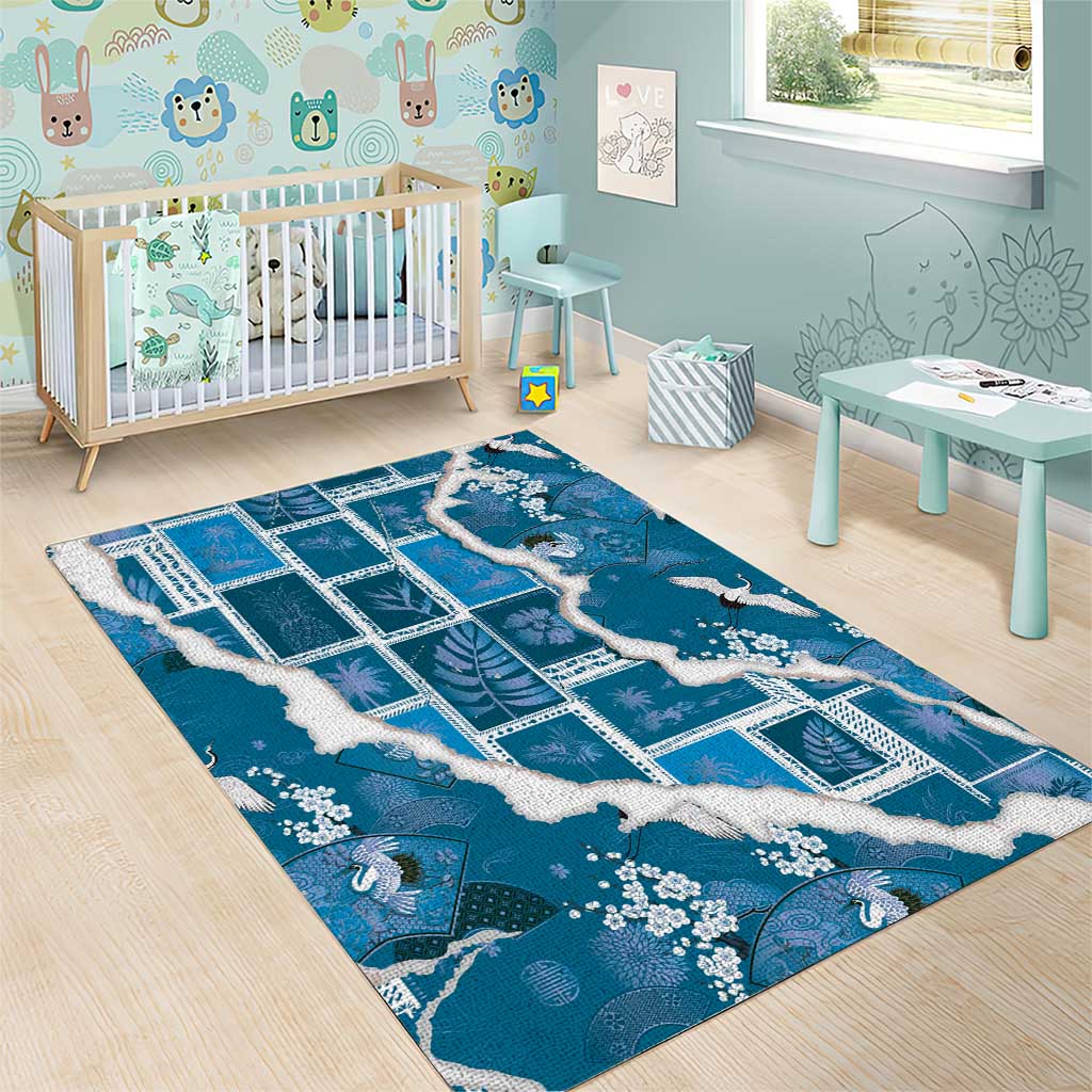 Hawaii Japanese Culture Blue Area Rug Spring Cranes Aloha Pattern