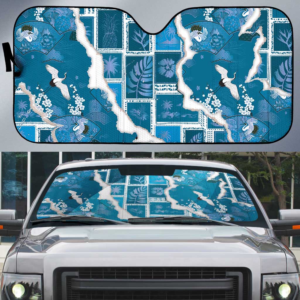 Hawaii Japanese Culture Blue Auto Sun Shade Spring Cranes Aloha Pattern