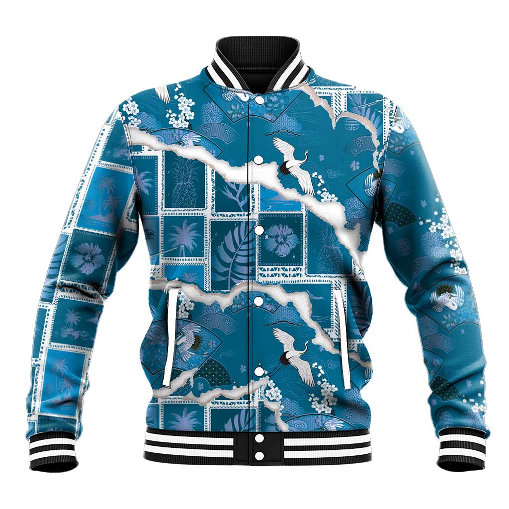 Hawaii Japanese Culture Blue Baseball Jacket Spring Cranes Aloha Pattern LT01 Unisex Blue - Polynesian Pride